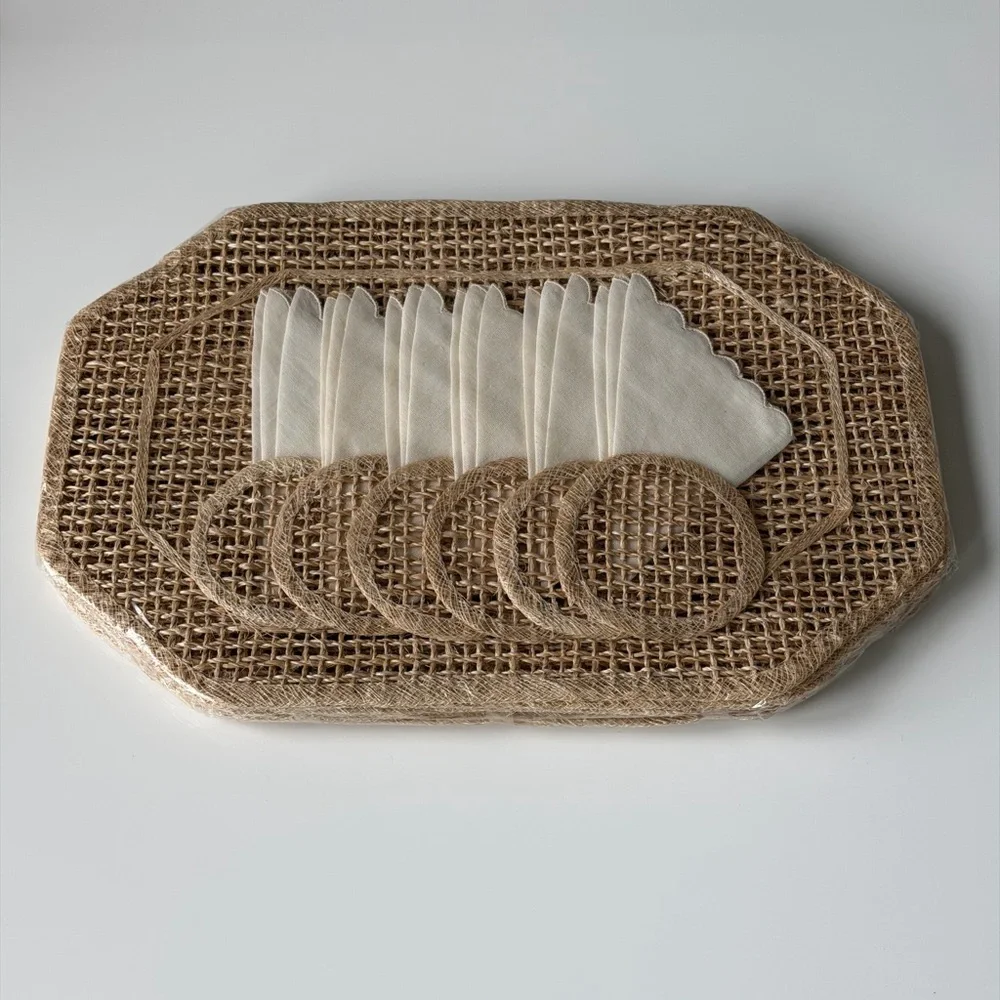 Abaca Twine Placemats Set Of 6 Napkins & Rings Boho Coastal Table Decor